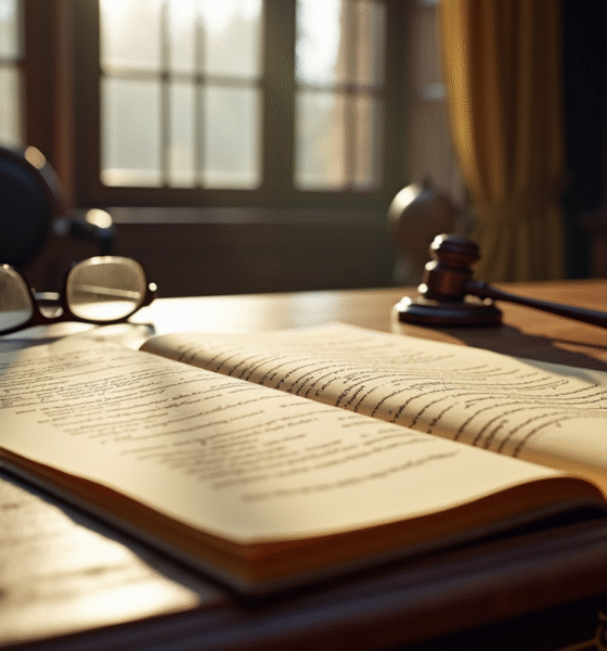 Manuscrit ancien ouvert sur un bureau en bois avec lunettes à côté