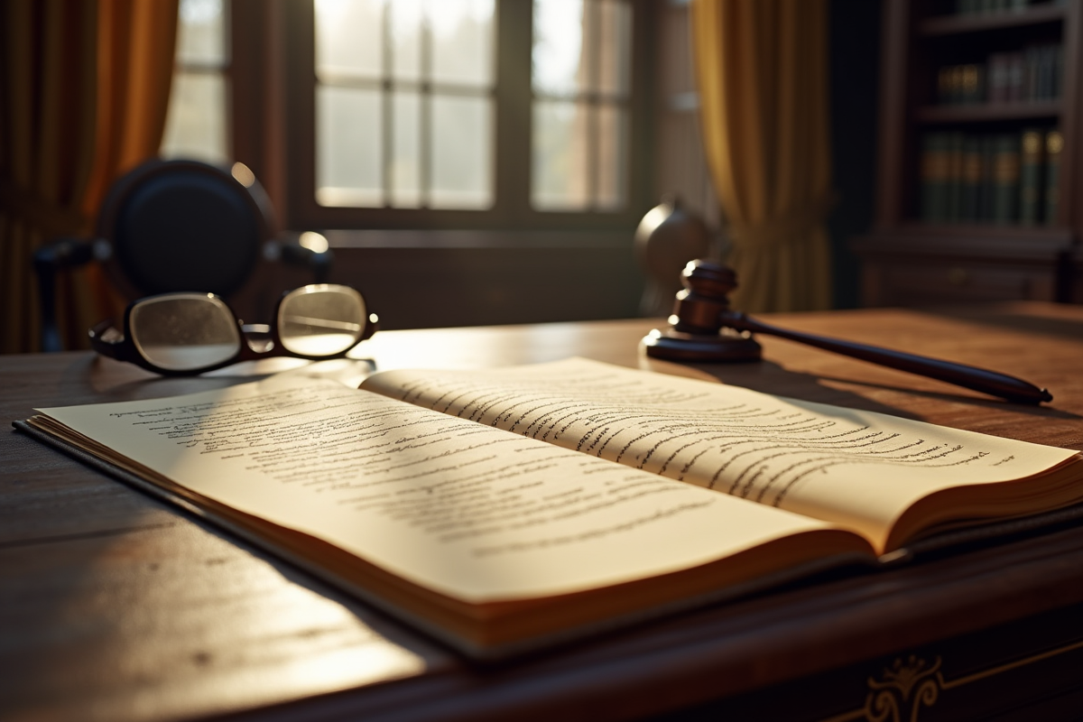 Manuscrit ancien ouvert sur un bureau en bois avec lunettes à côté