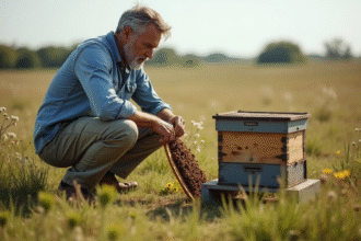 Homme d'âge moyen inspectant une ruche dans un champ rural