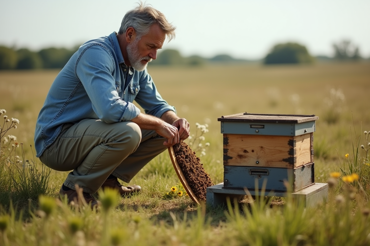 Homme d'âge moyen inspectant une ruche dans un champ rural