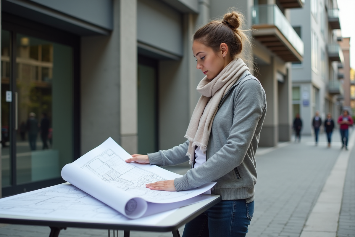 Jeune architecte vérifiant plans devant bâtiment en rénovation