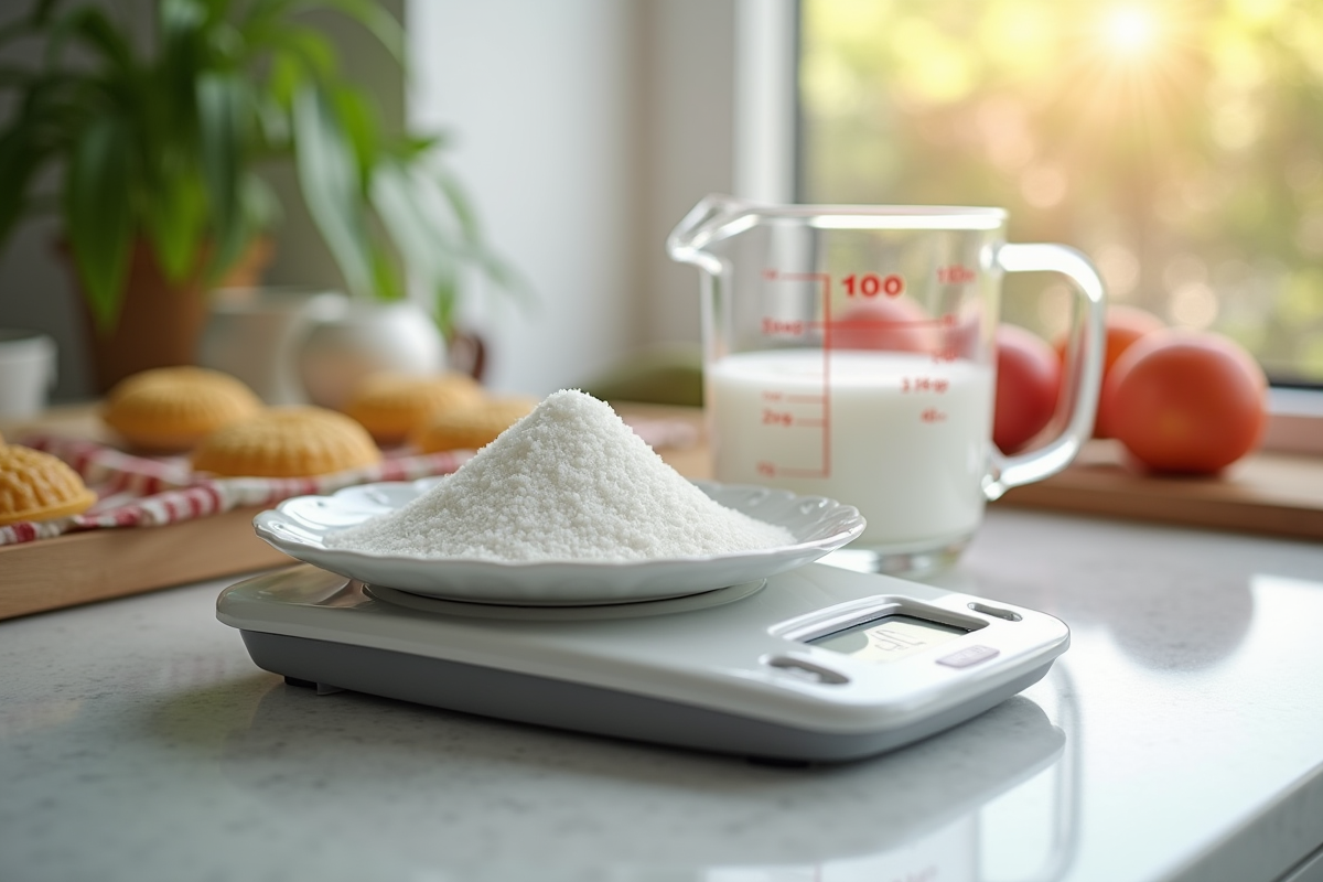 Balance de cuisine pesant 150 g de sucre en poudre