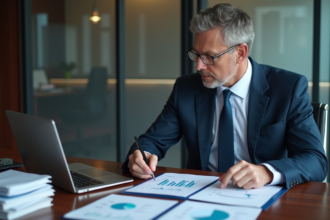 Manager bancaire en costume bleu lors d'une réunion