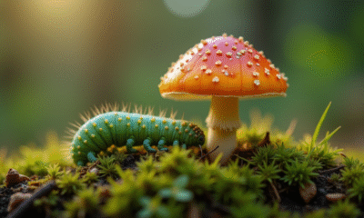Champignon vibrant sur sol de mousse avec chenille verte