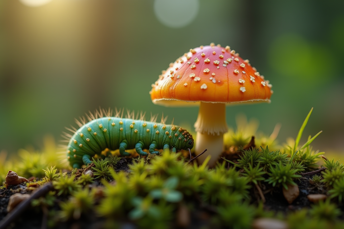 Champignon vibrant sur sol de mousse avec chenille verte