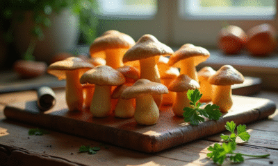 Champignons de chanterelle frais sur planche en bois rustique
