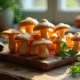 Champignons de chanterelle frais sur planche en bois rustique
