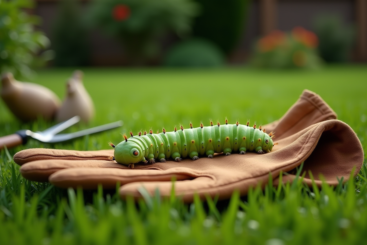 Chenille verte sur gant de jardinage avec outils en arrière-plan