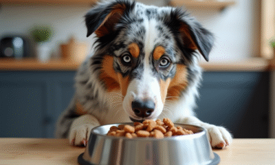 Chien Australian Shepherd mangeant des croquettes dans une cuisine moderne