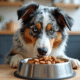 Chien Australian Shepherd mangeant des croquettes dans une cuisine moderne
