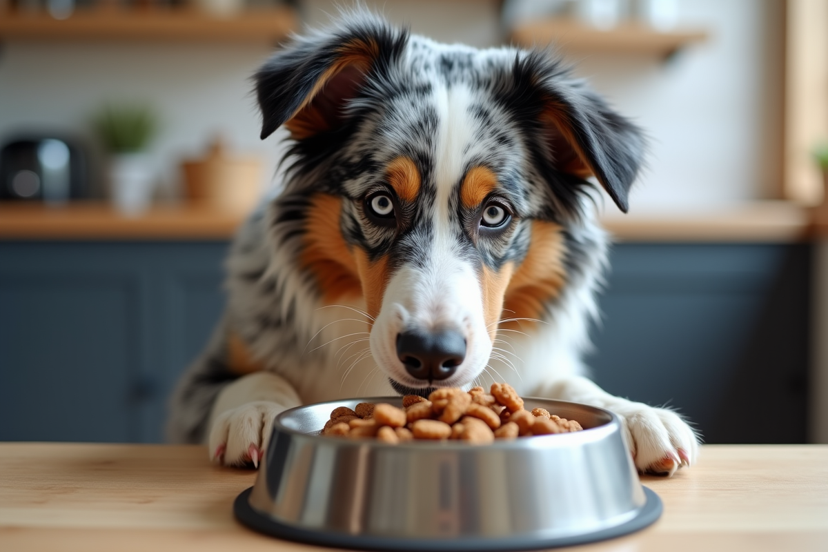 Chien Australian Shepherd mangeant des croquettes dans une cuisine moderne