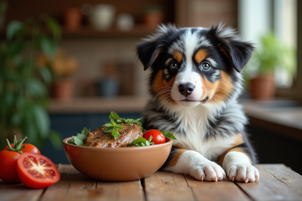 Chiot Australian Shepherd patient avec légumes et viande sur une table en bois