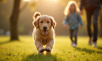 Chiot golden retriever courant dans un parc ensoleille