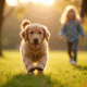 Chiot golden retriever courant dans un parc ensoleille