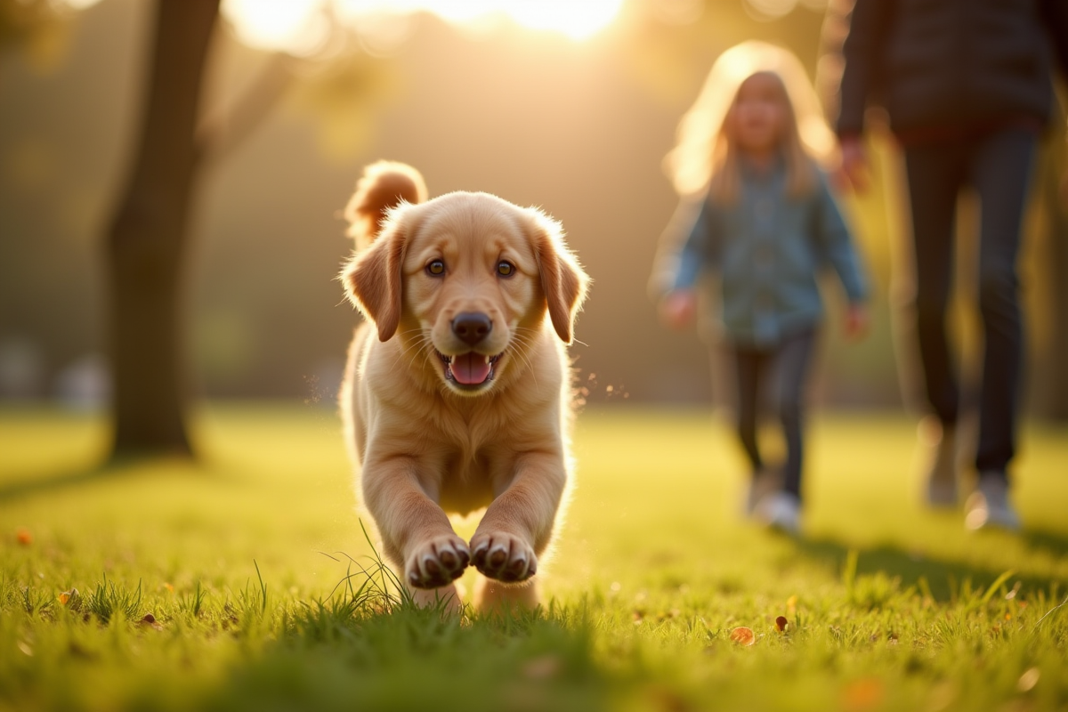 Chiot golden retriever courant dans un parc ensoleille