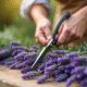 Mains de jardinier coupant de la lavande au matin