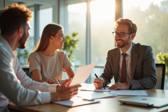 Conseiller bancaire souriant présentant des documents de prêt immobilier