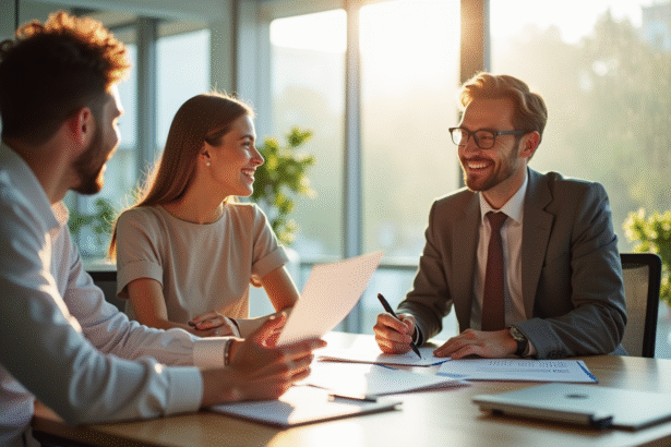 Conseiller bancaire souriant présentant des documents de prêt immobilier