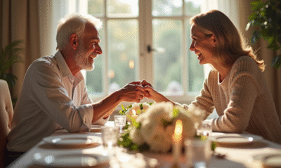 Couple d'âge moyen souriant lors d'un dîner d'anniversaire