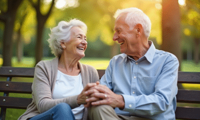 Couple de seniors souriant sur un banc en parc