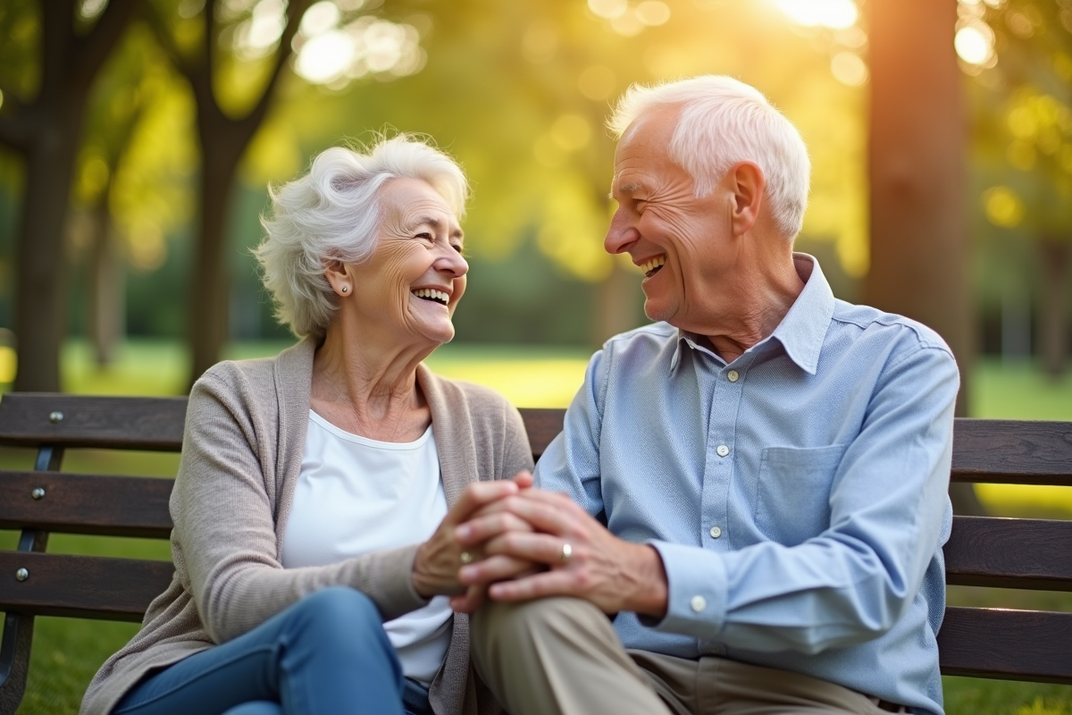 Couple de seniors souriant sur un banc en parc