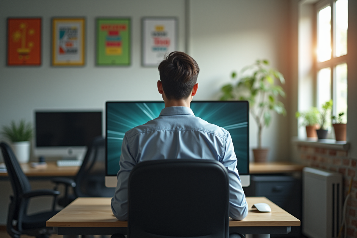 Employe seul regardant son ecran dans un bureau lumineux
