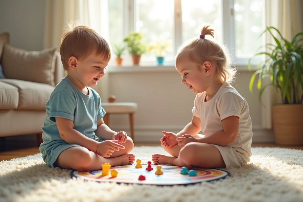 Deux enfants d'âge préscolaire jouent ensemble dans un salon lumineux
