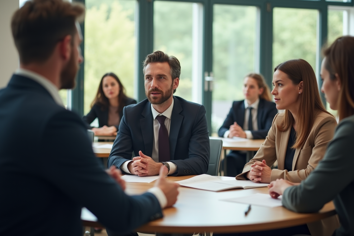 Enseignant discutant de droit civil avec des étudiants