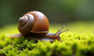 Escargot sur mousse verte en macro avec lumière naturelle