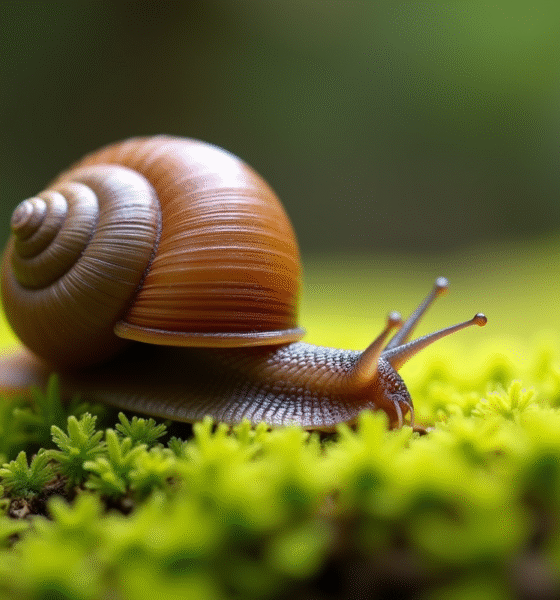 Escargot sur mousse verte en macro avec lumière naturelle