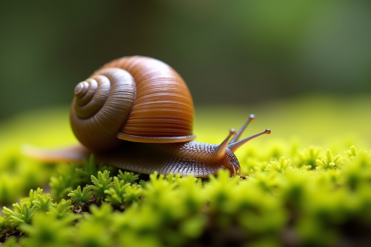 Escargot sur mousse verte en macro avec lumière naturelle