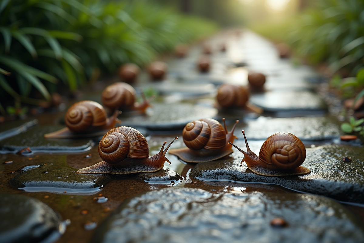 Plusieurs escargots sur un chemin mouille apres pluie