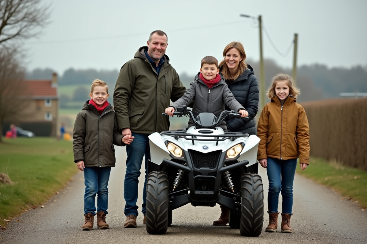 Famille souriante avec quad dans la campagne