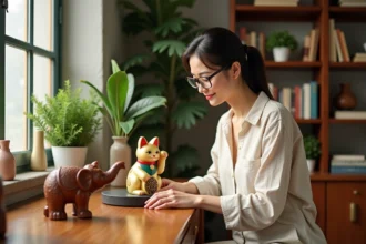 Femme arrangeant des objets feng shui dans un salon lumineux