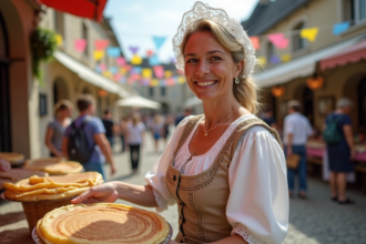 Femme bretonne en costume traditionnel distribuant des crepes lors d'une fête