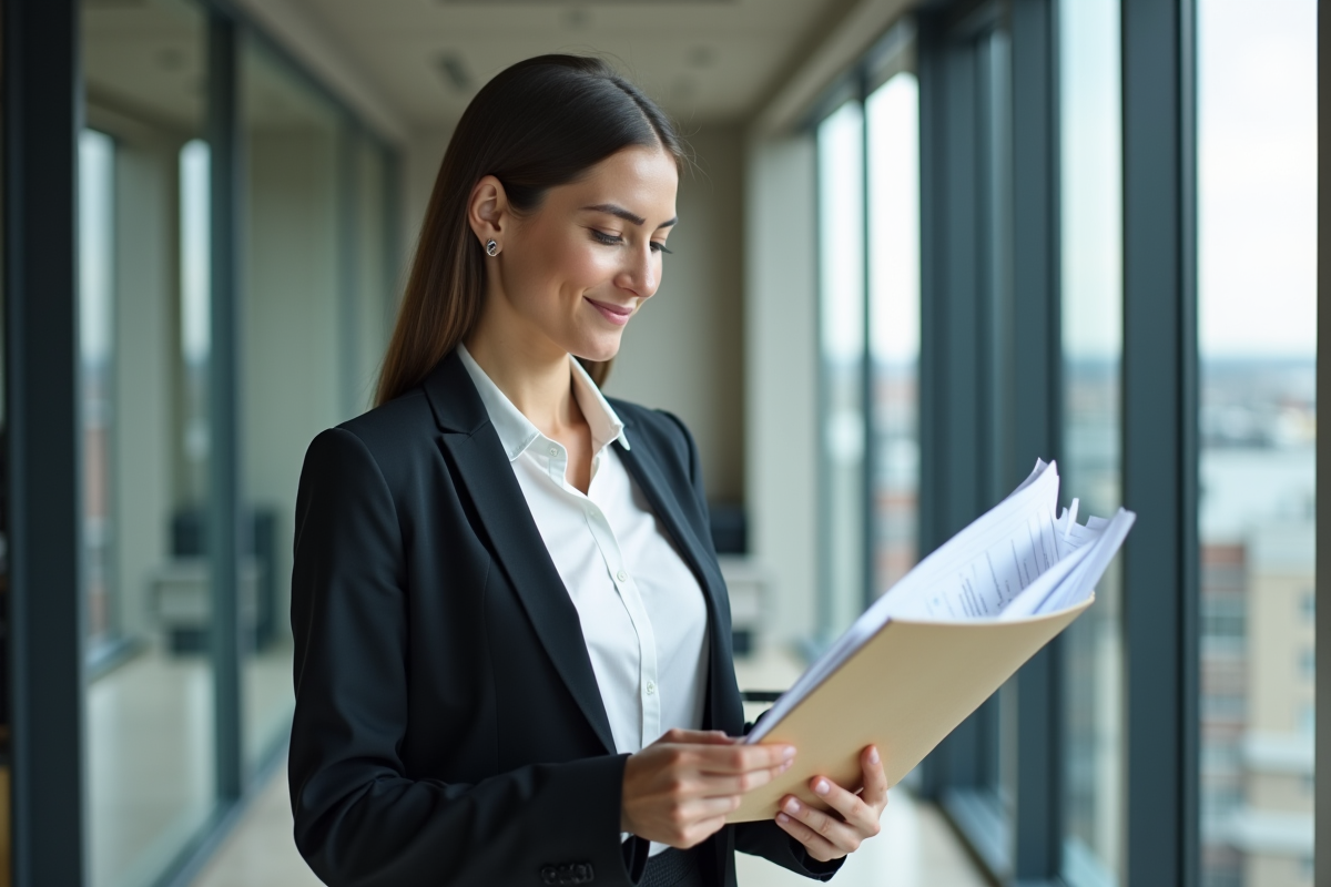 Jeune femme en blazer consulte des documents immobiliers