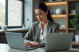 Femme professionnelle comparant deux laptops au bureau