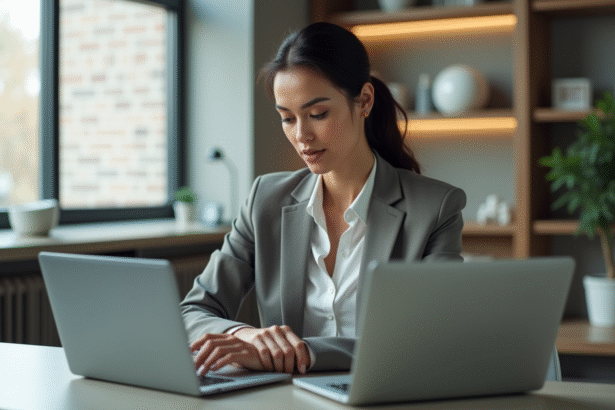Femme professionnelle comparant deux laptops au bureau