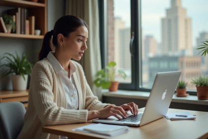 Femme en travail dans un appartement lumineux