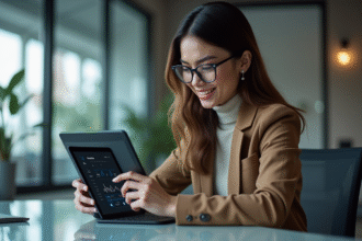 Femme élégante au bureau avec tablette et graphiques