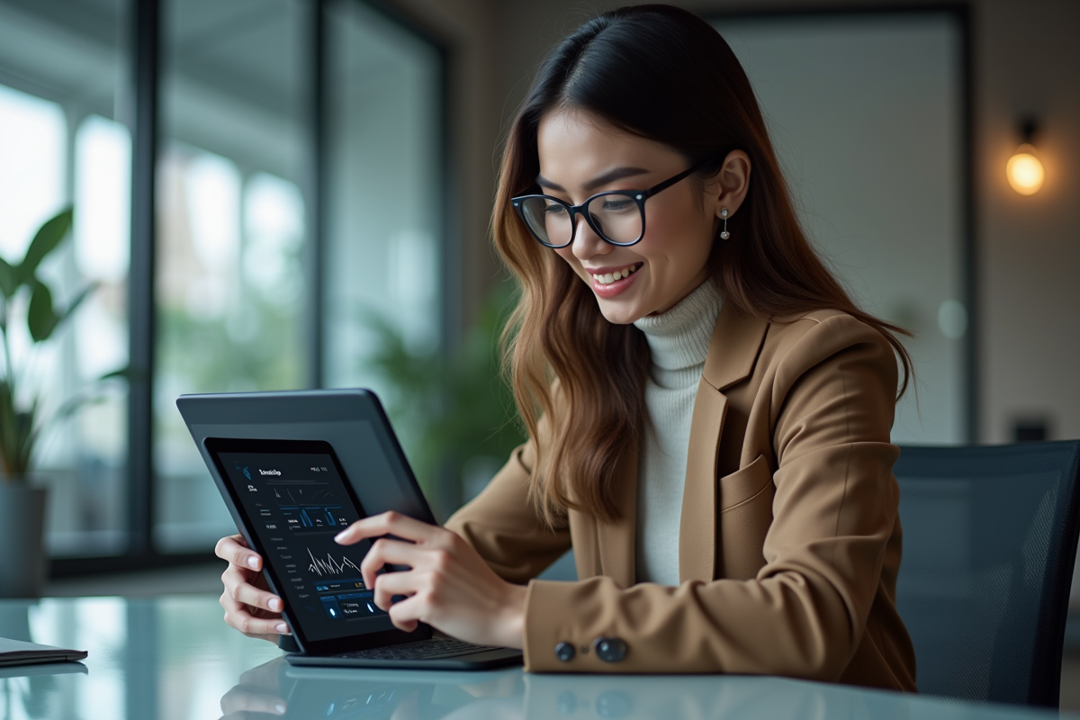 Femme élégante au bureau avec tablette et graphiques