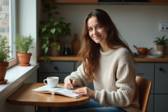 Femme assise seule avec café et livre dans un appartement moderne