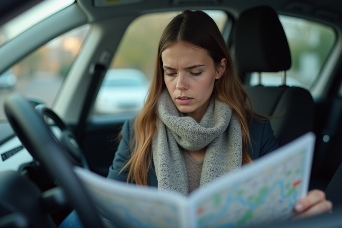 Jeune femme regardant une carte dans sa voiture électrique en banlieue