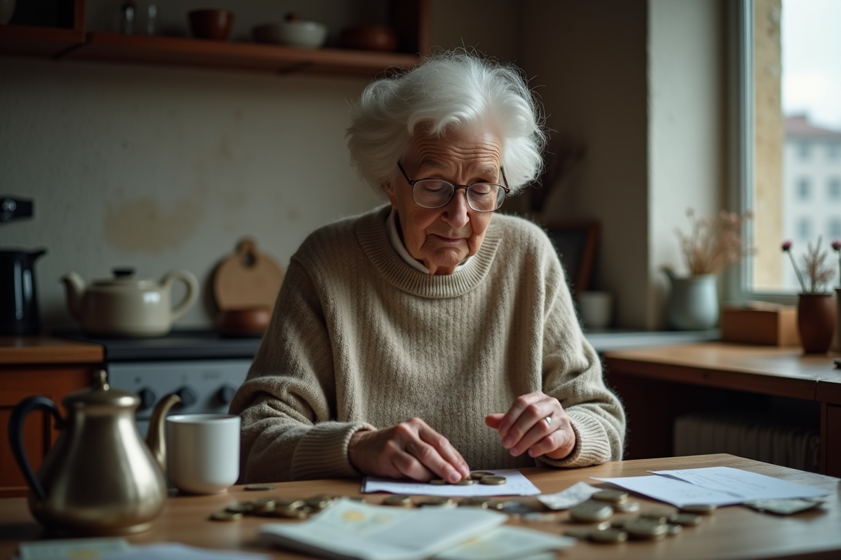 Femme âgée comptant des pièces dans sa cuisine