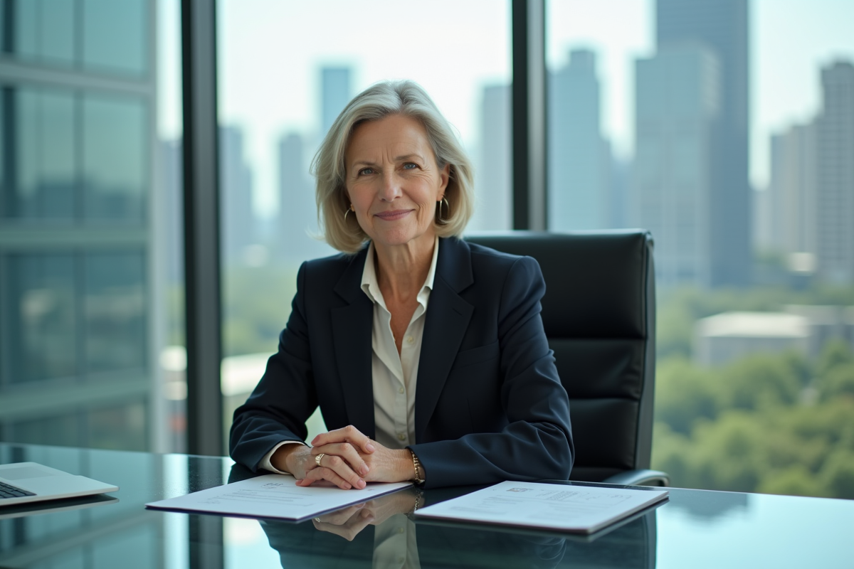 Dirigeante assise dans un bureau moderne avec vue urbaine