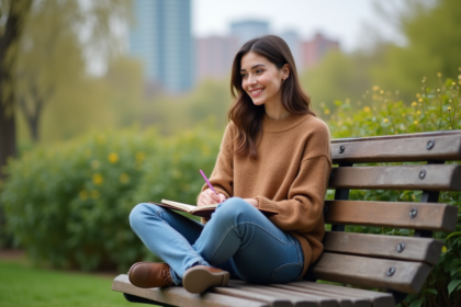 Femme écrivant dans un journal en plein air avec nature