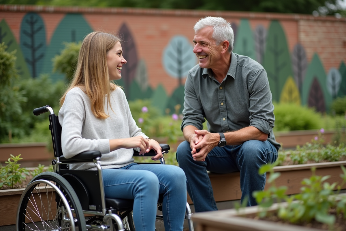 Femme en fauteuil et homme dans jardin communautaire