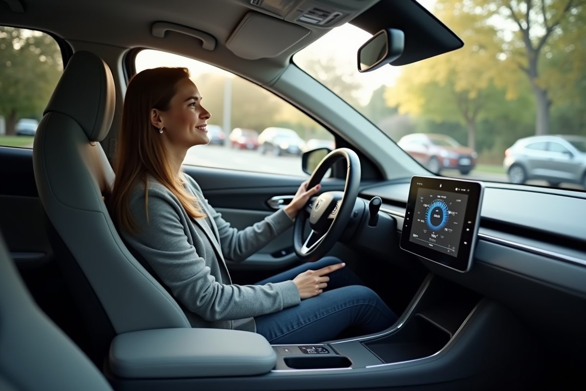 Jeune femme dans une voiture électrique regarde le tableau de bord