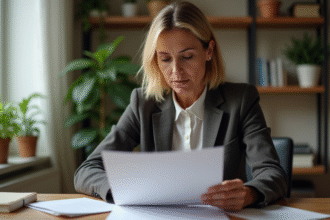 Femme d'âge moyen lisant un document à son bureau