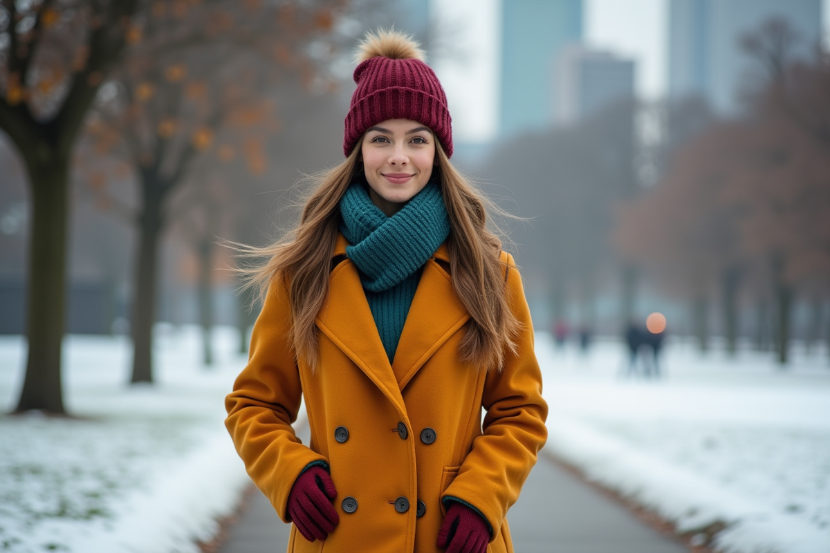 Jeune femme élégante dans un parc urbain en hiver